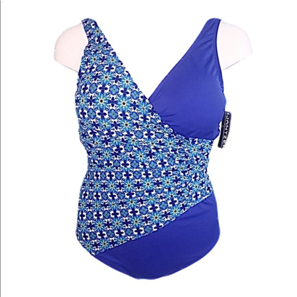 (Size 14) Jantzen Blue Floral & Abstract Design Swimsuit